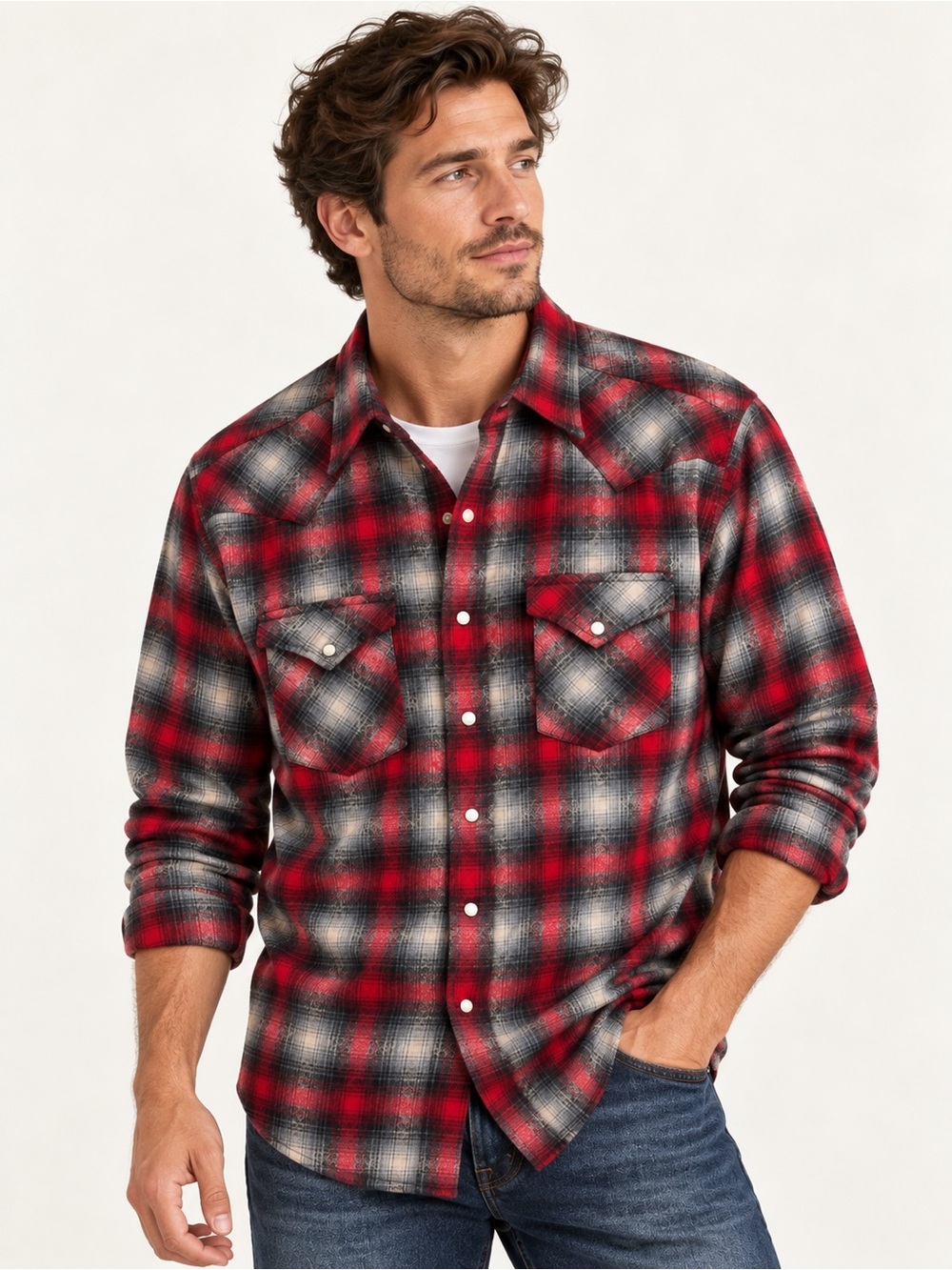 Pendleton Canyon Shirt Men’s Large Long Red Black Plaid Virgin Wool Western Snap